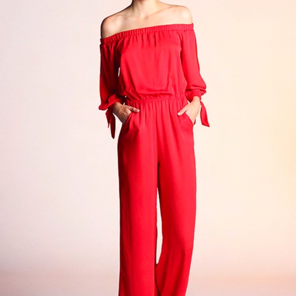Pants - Red off shoulder long sleeve Jumpsuit
